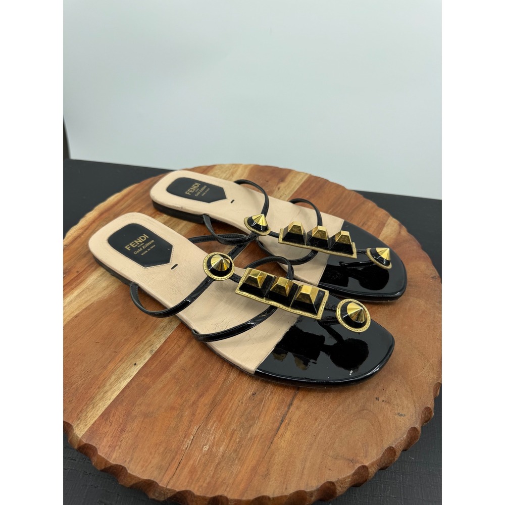 Fendi Gold Edition Studded T-Strap Sandals Women 40 Black Beige Gold Studs